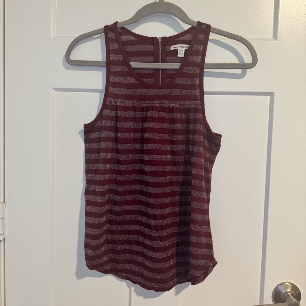 American Eagle Outfitters Burgundy and Shimmery Gray Striped Tank Top